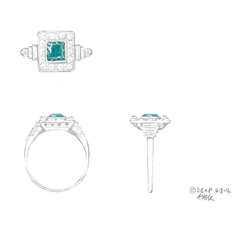 Design for emerald and diamond cluster ring