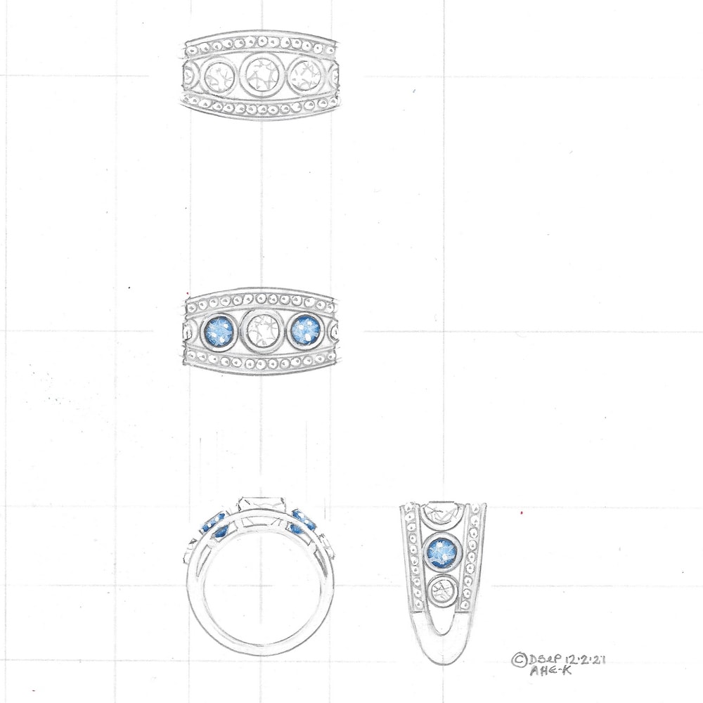 Design for 5 stone diamond and sapphire engagement rings