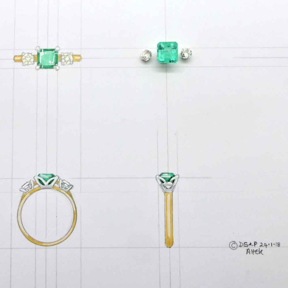 Design and stones for emerald and diamond 3 stone engagement ring