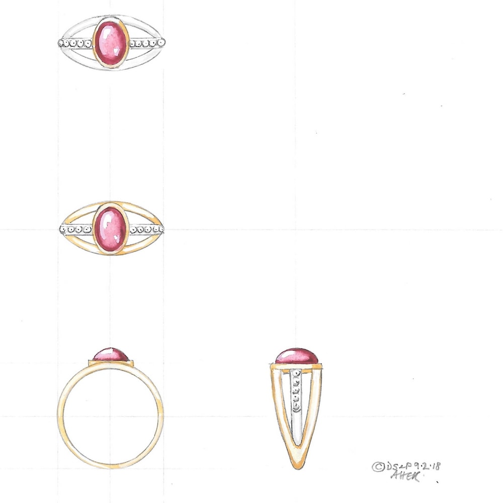 Design for modern cabochon ruby and diamond ring