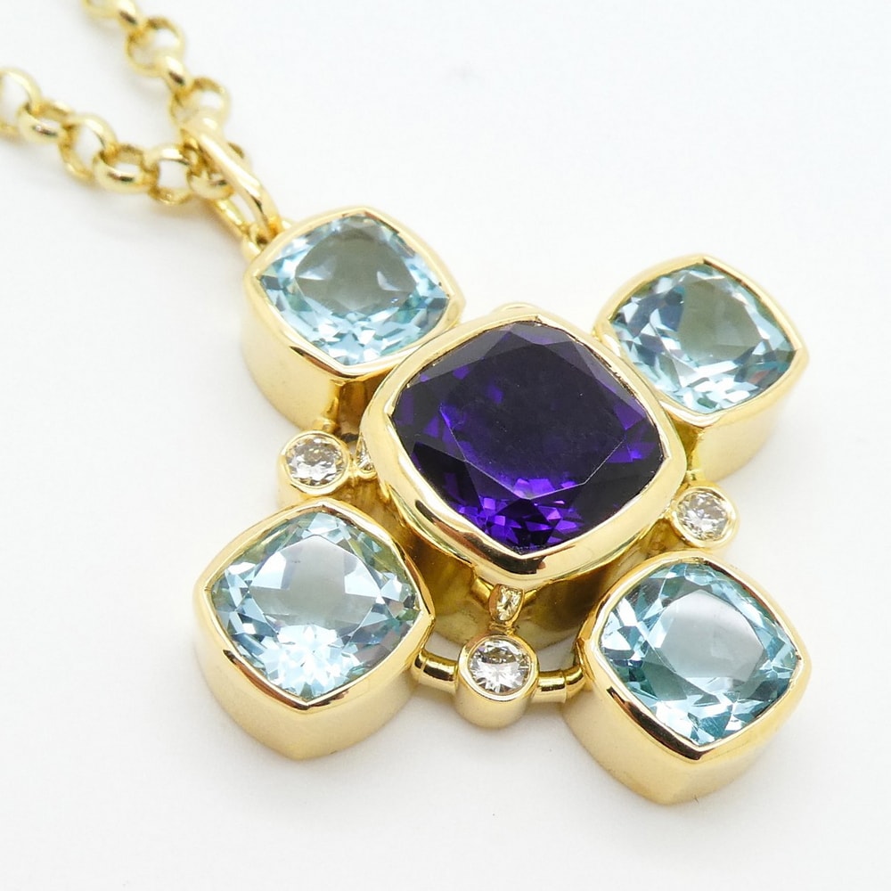 Amethyst & blue topaz cross pendant