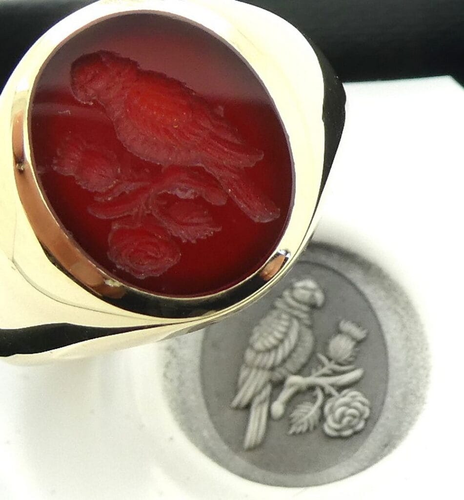 Carnelian bespoke crest seal engraved signet ring