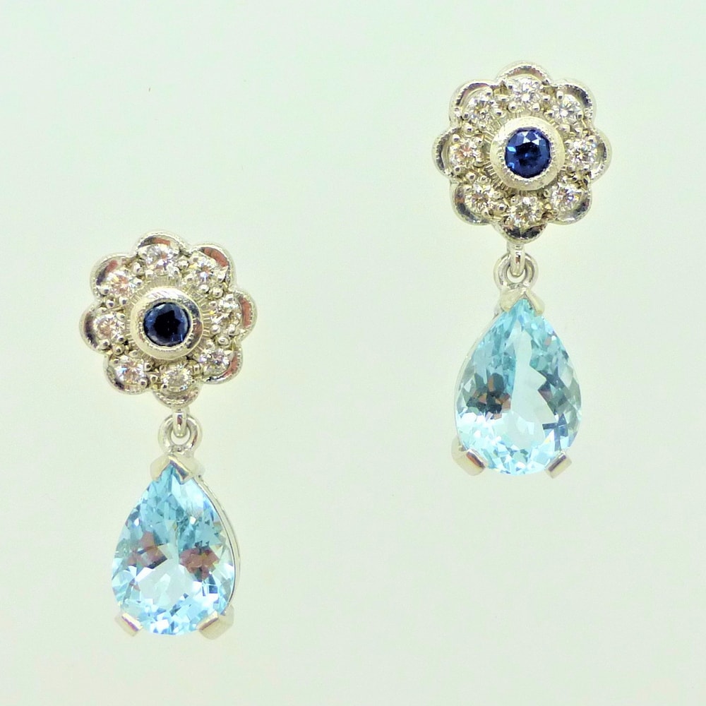 Sapphire & diamond cluster with aquamarine drop earrings