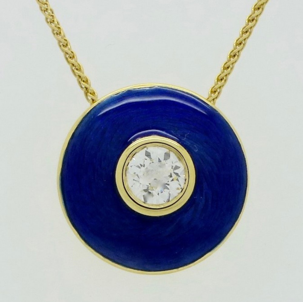 Diamond and blue enamel doughnut pendant
