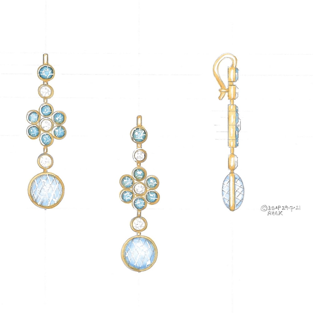 Multi semi precious gem set drop earrings design drawing