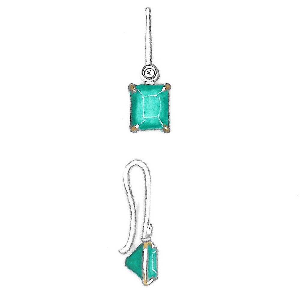 Emerald and diamond hoop earrings design drawing