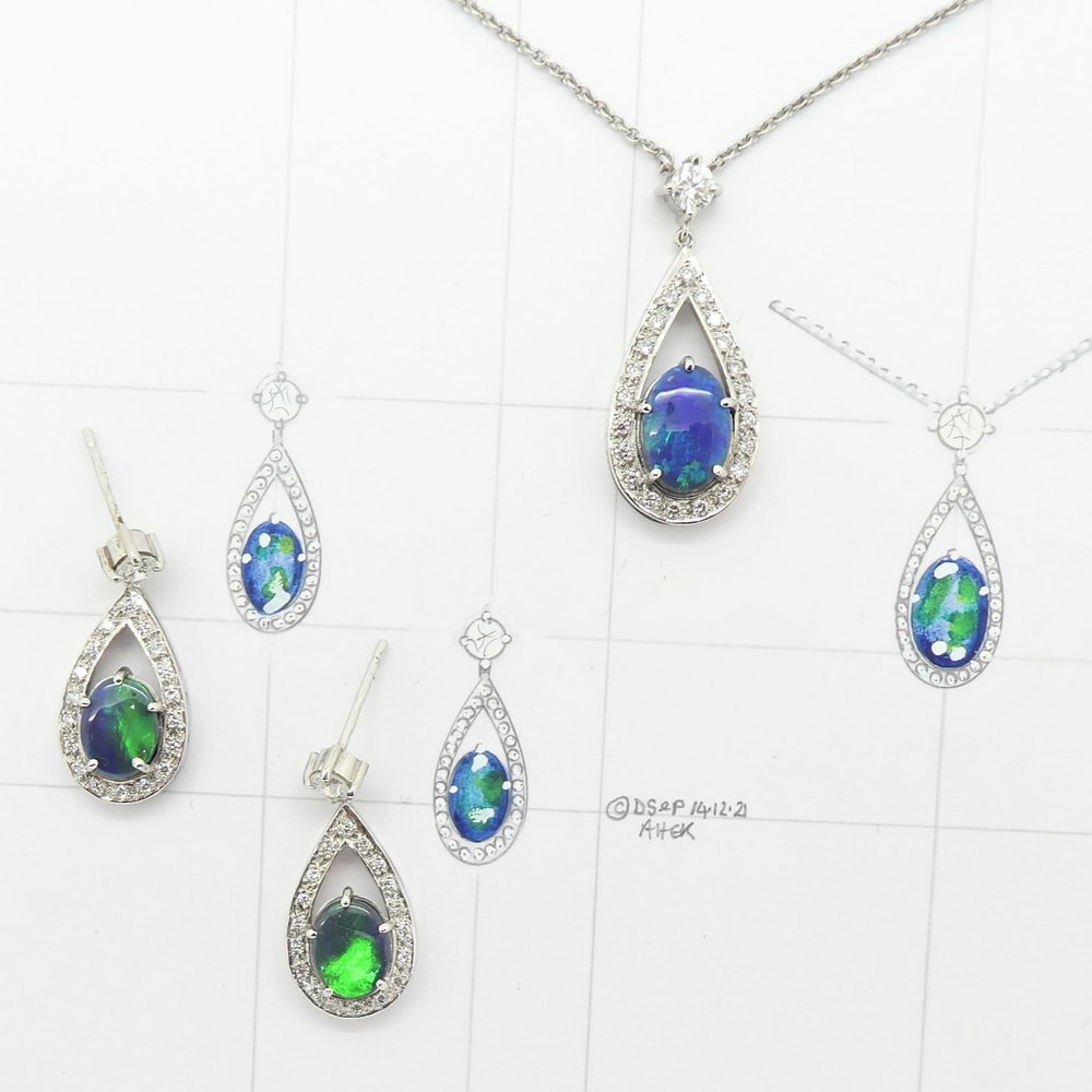 Opal and diamond earrings and pendant
