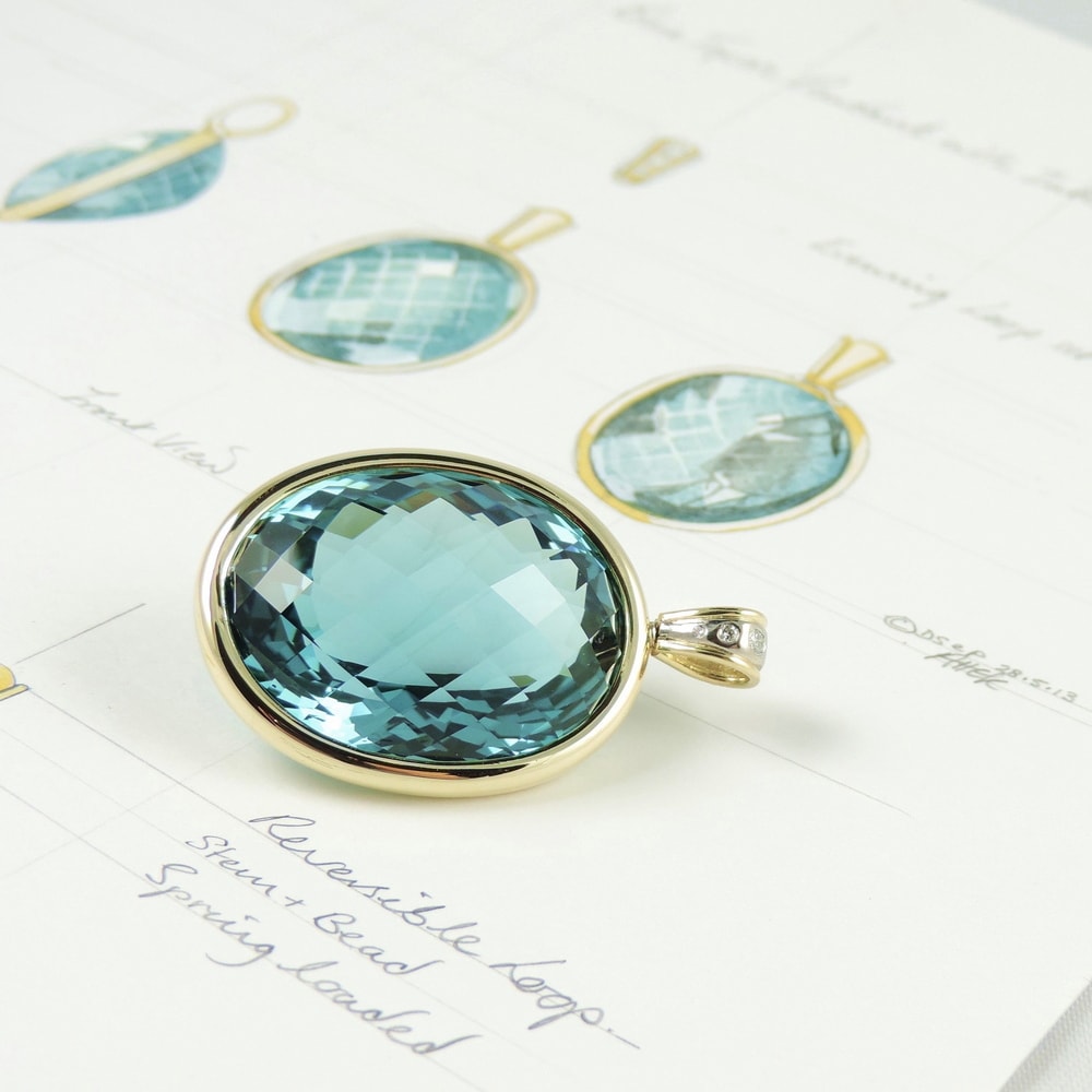 Blue Topaz chequerboard cut pendant spectacle set yellow gold