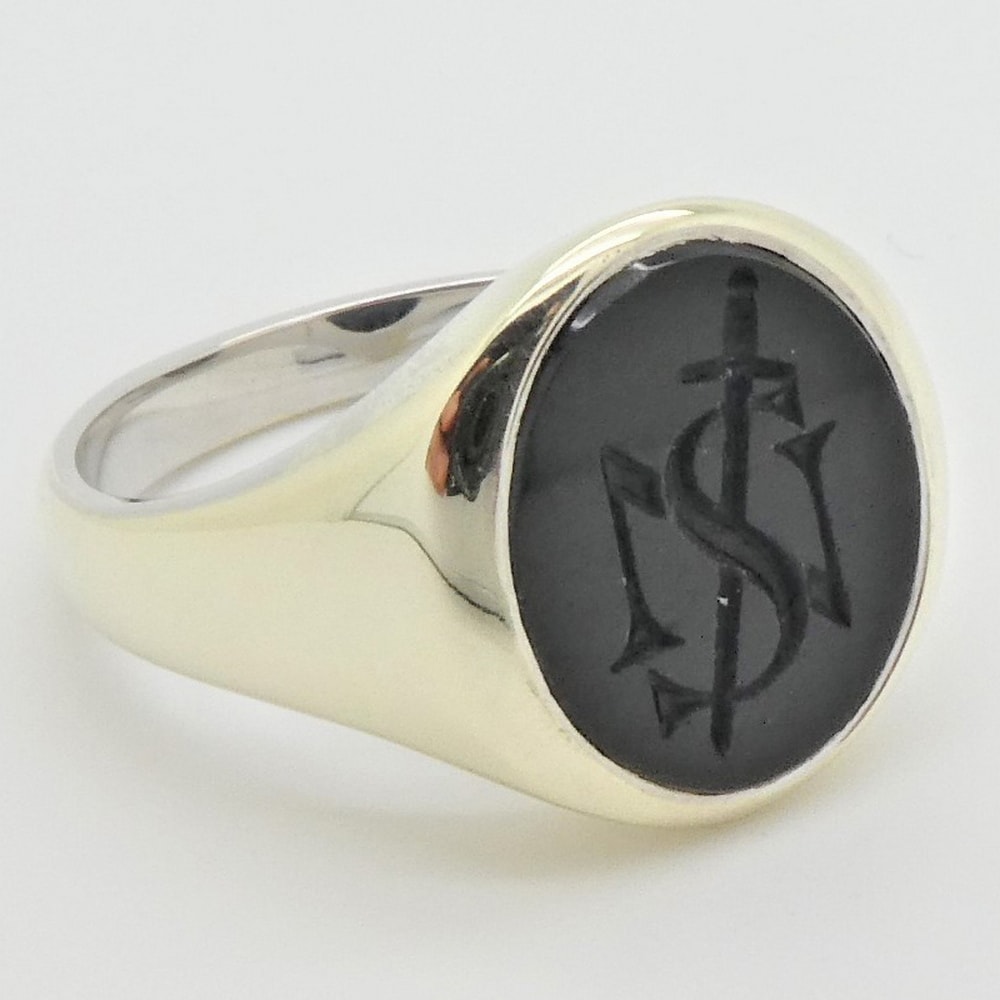 Black onyx silver monogram engraved signet ring