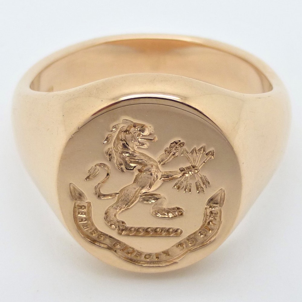 Seal engraved rose gold signet ring crest and motto