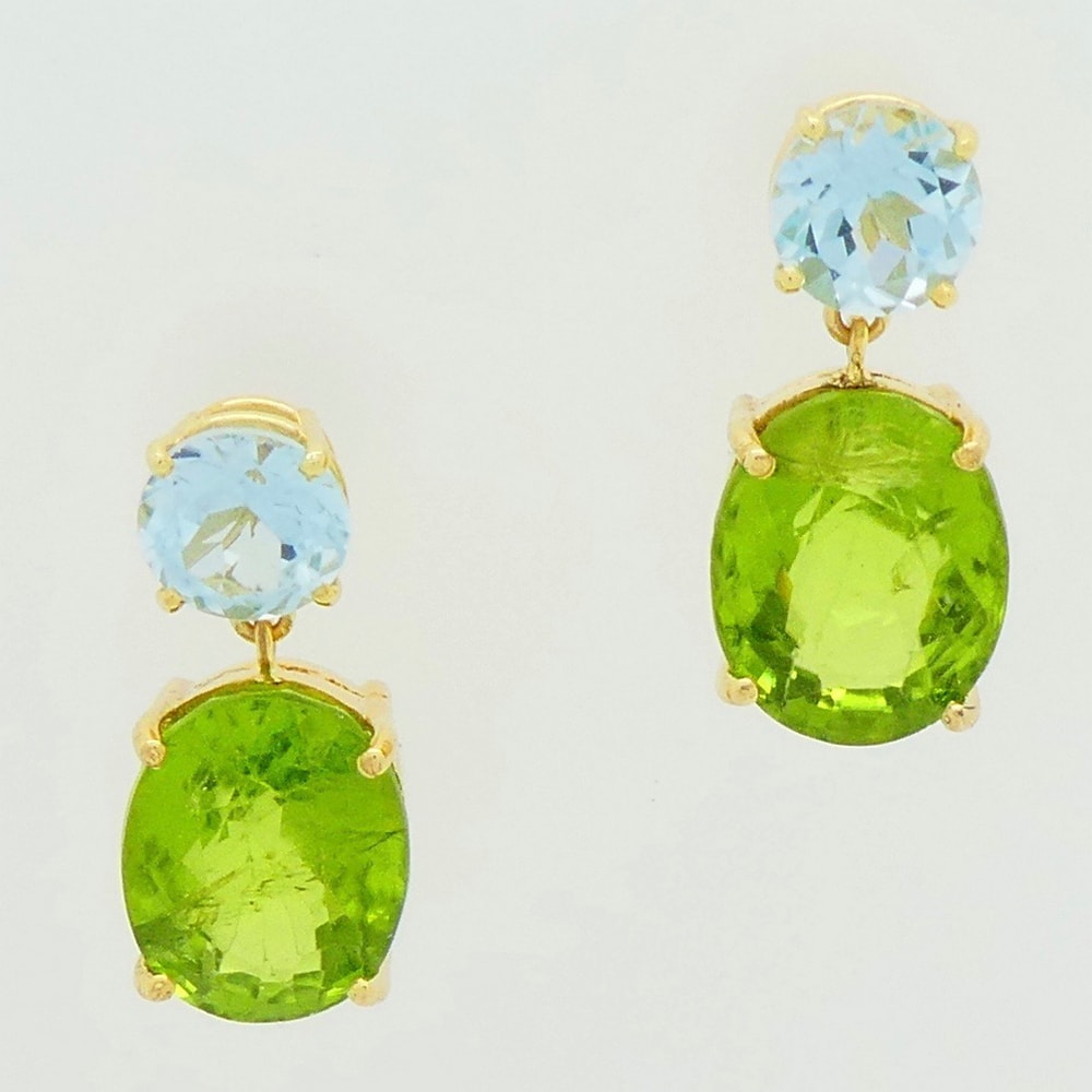Blue topaz & peridot drop earrings yellow gold