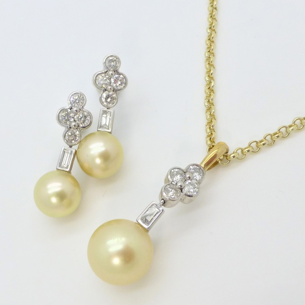 Champagne colour cultured pearl and diamond earrings and pendant