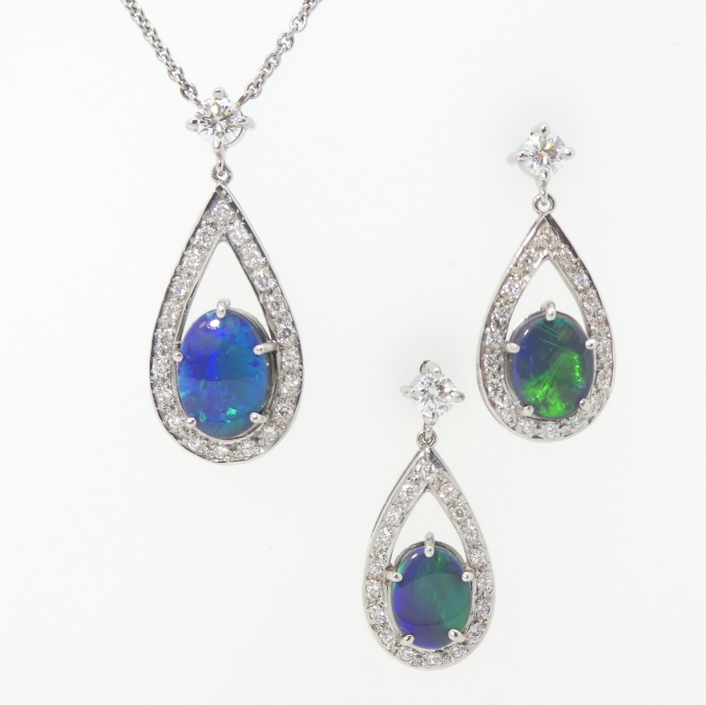 Opal and diamond earrings and pendant