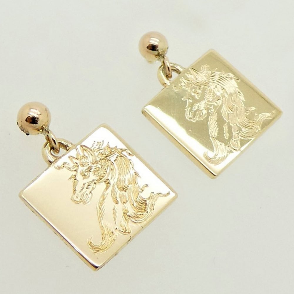 Gold drop earrings with hand engraved family crest