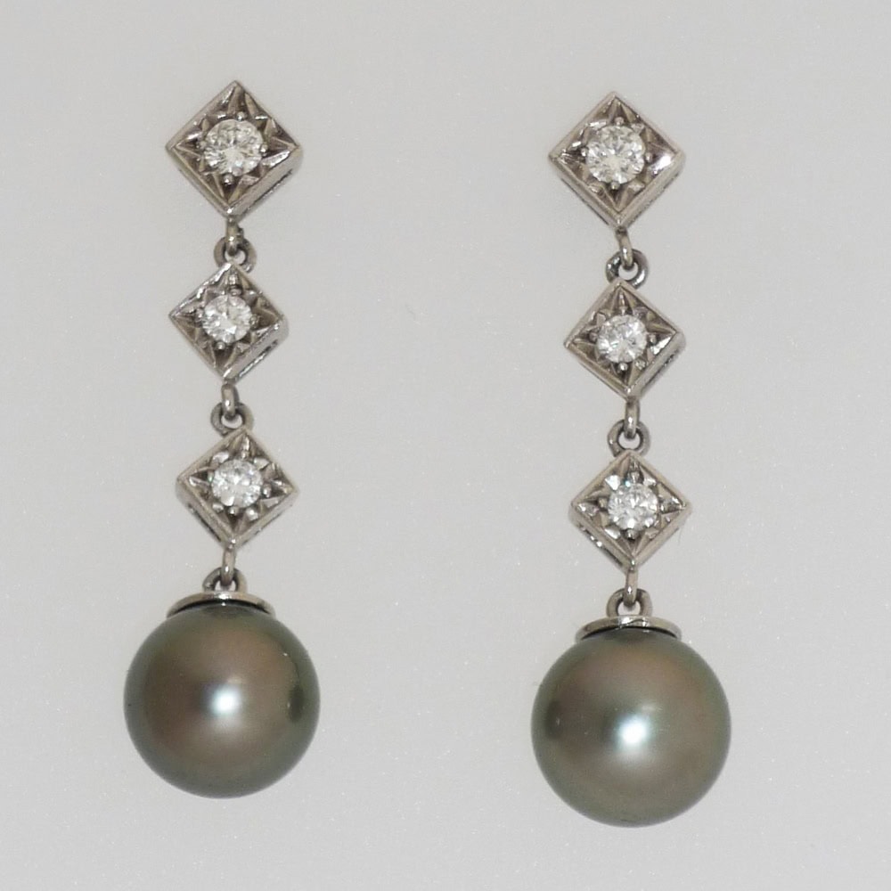 Black pearl and diamond drop earrings