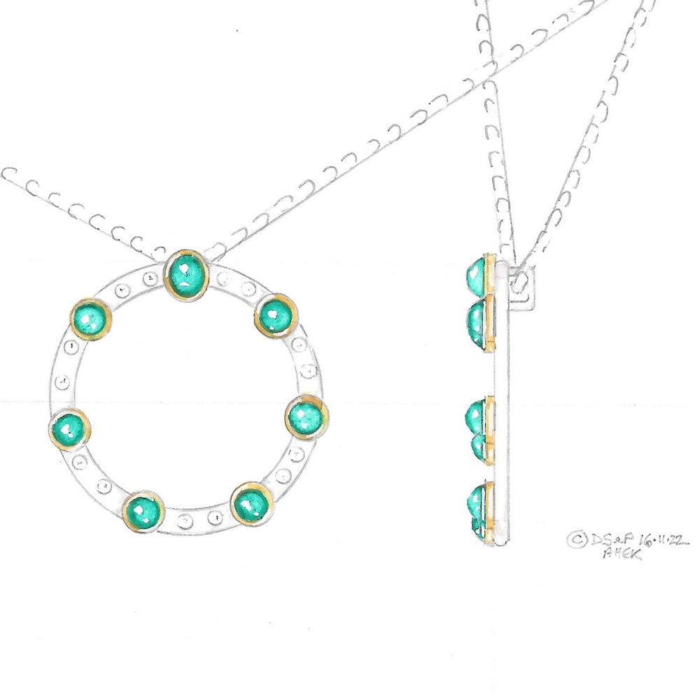 Design drawing emerald and diamond pendant