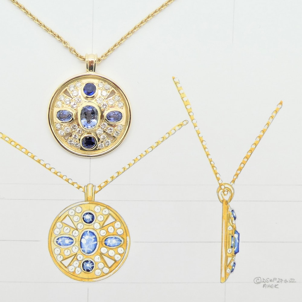 Sapphire diamond pendant yellow gold