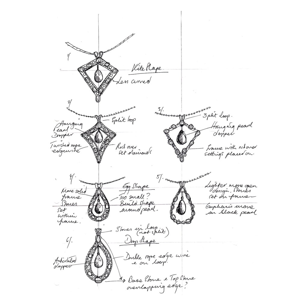 Design sketches for black pearl and diamond pendant