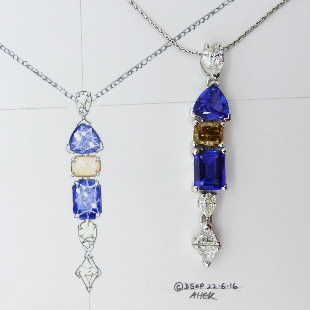 Tanzanite, cognac and white diamond linear pendant