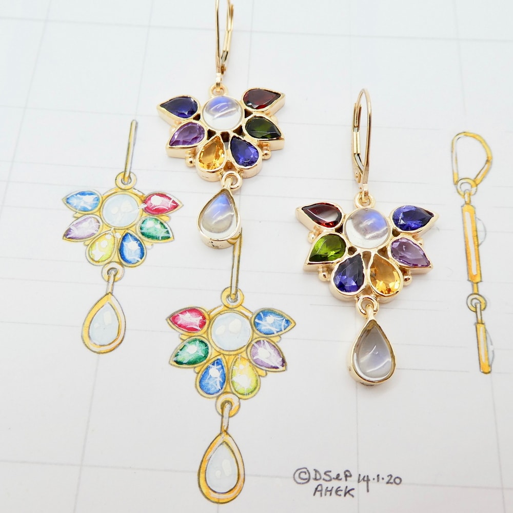 Multi semi precious gem set drop earrings