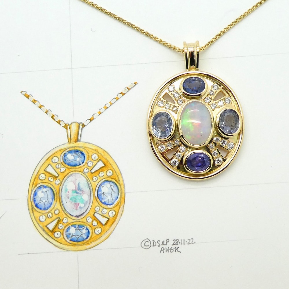 Sapphire diamond and opal yellow gold pendant