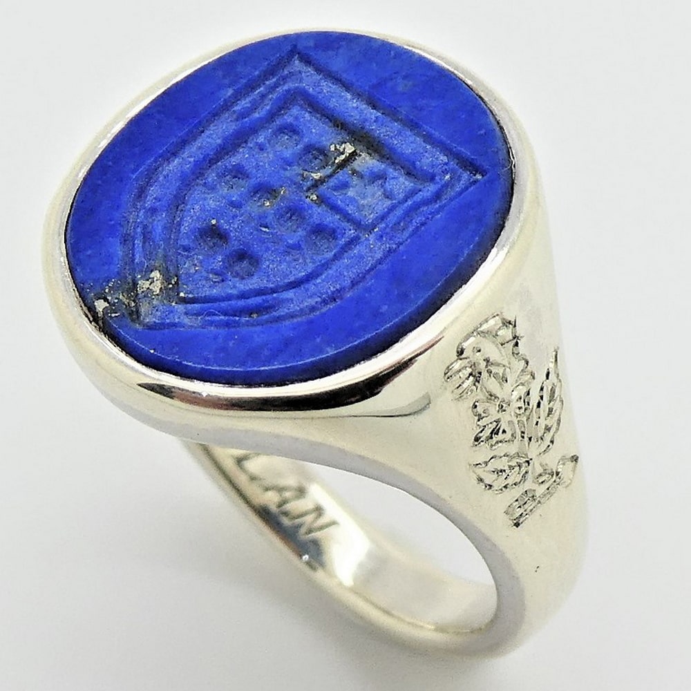 Bespoke white gold lapis lazuli seal engraved signet ring