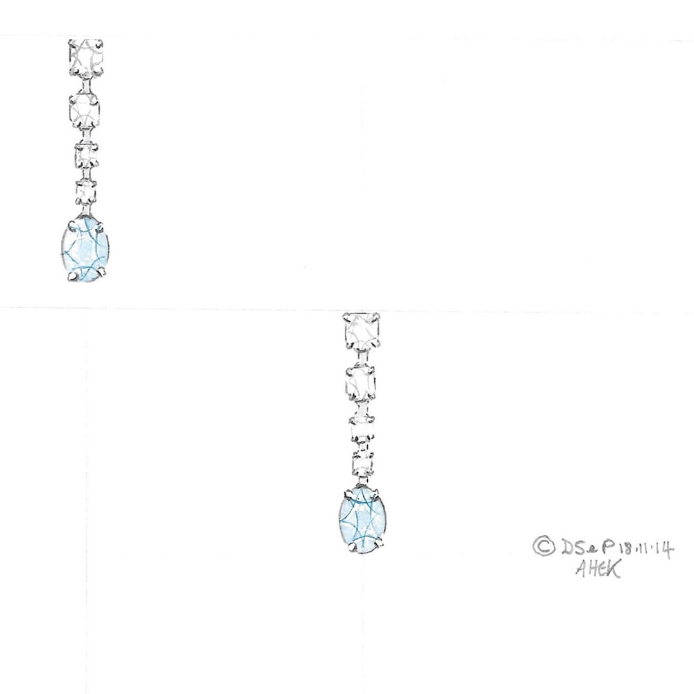Diamond & aquamarine drop earrings design drawing