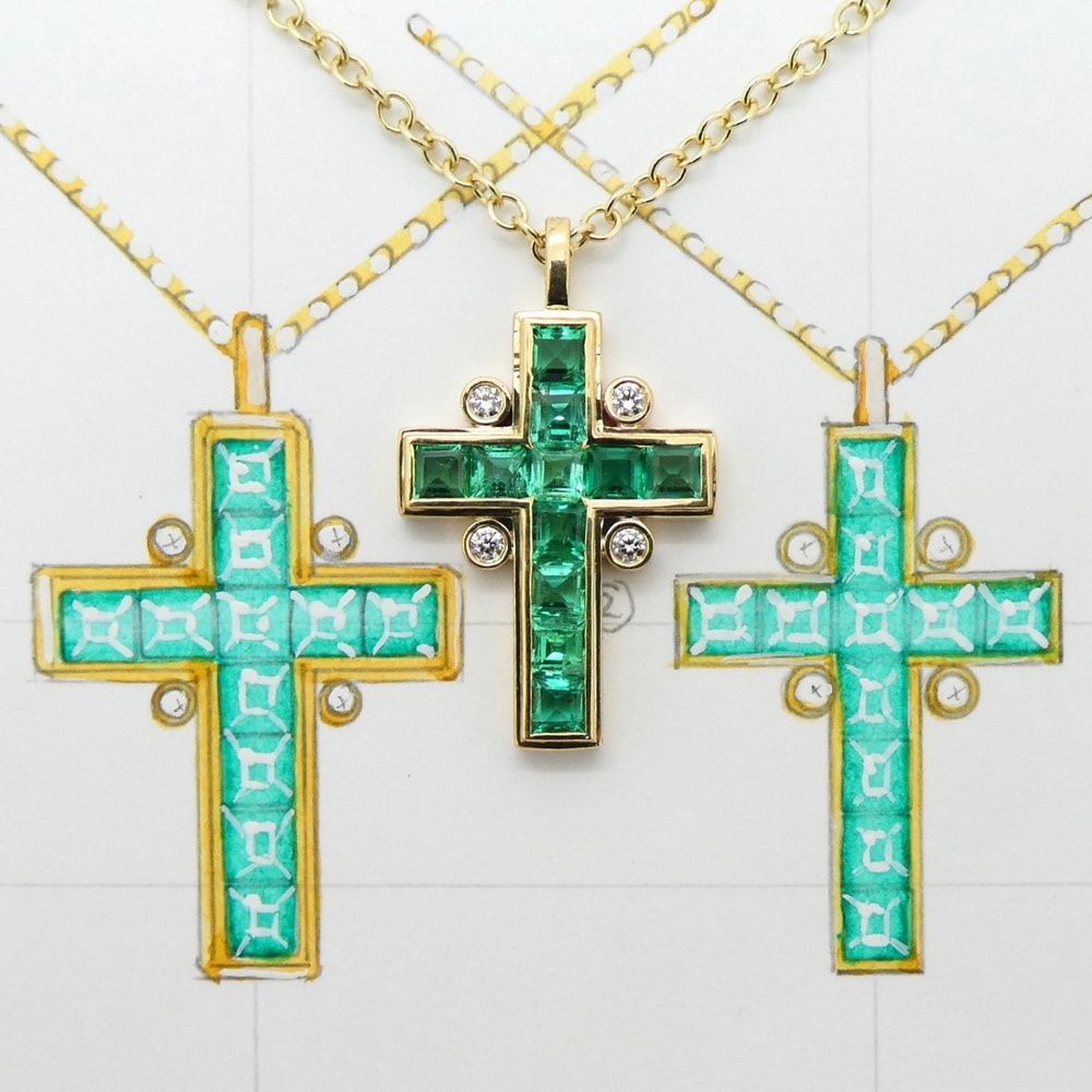 Emerald diamond cross pendant in yellow gold
