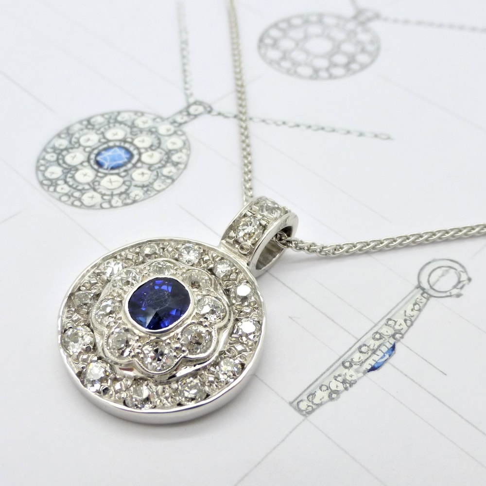 Sapphire and diamond re-modelled pendant platinum