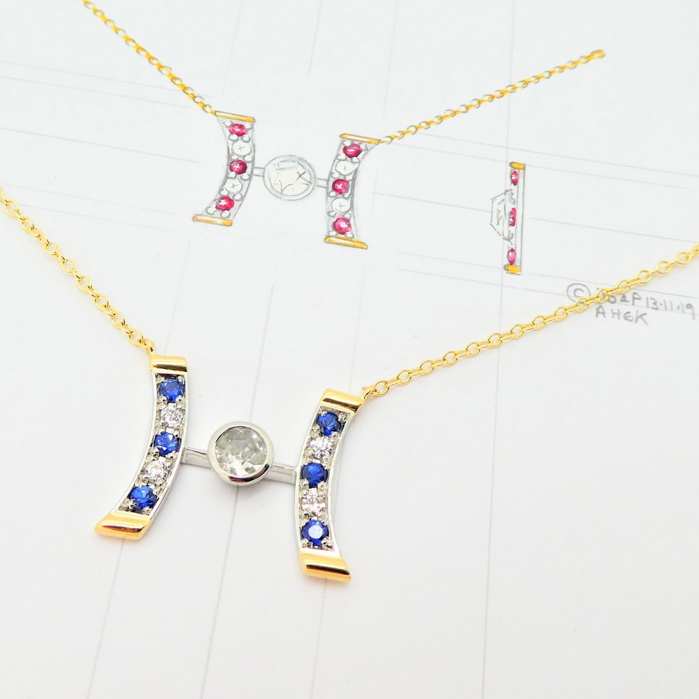 Sapphire and diamond pendant 2 colour gold