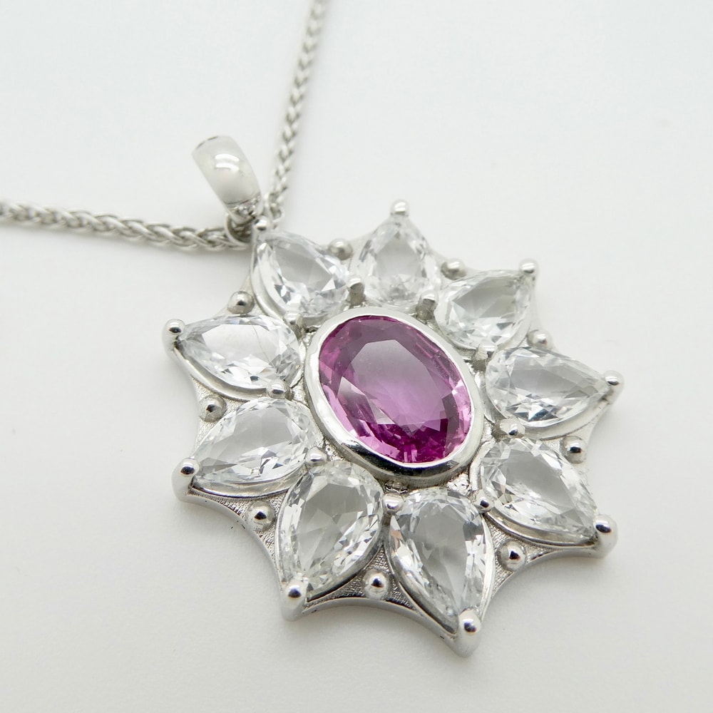 Pink and white sapphire pendant in white gold