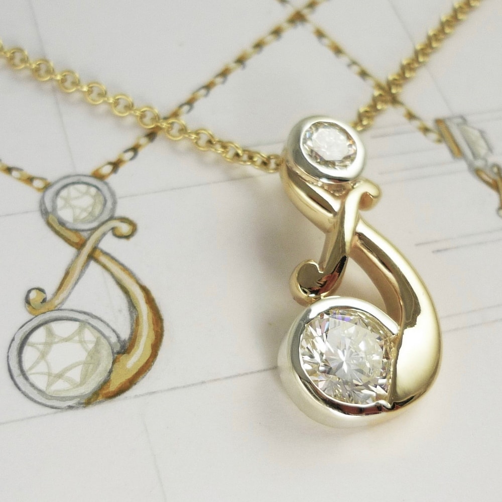 Diamond musical note pendant white and yellow gold
