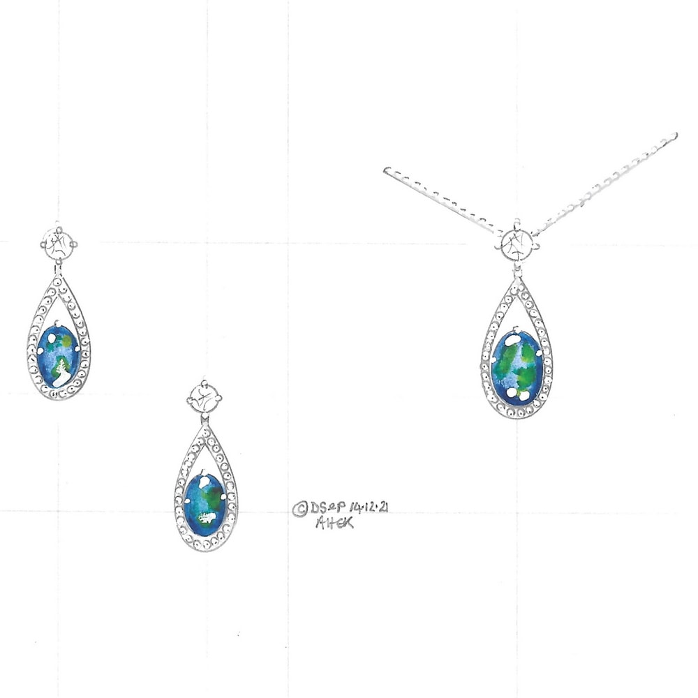 Design drawing black pearl & diamond earrings and pendant