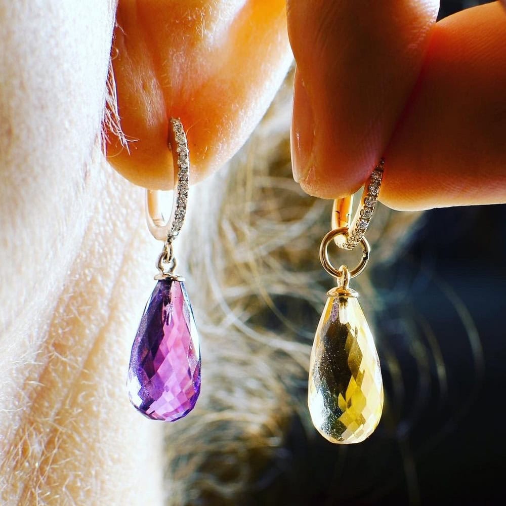 Diamond hoop earrings with briolette amethyst and citrines