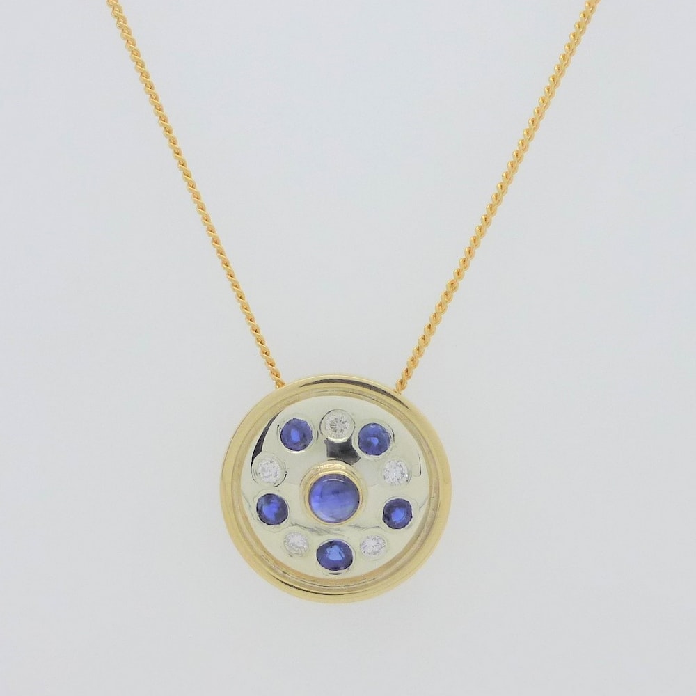 Sapphire and diamond pendant 2 colour gold