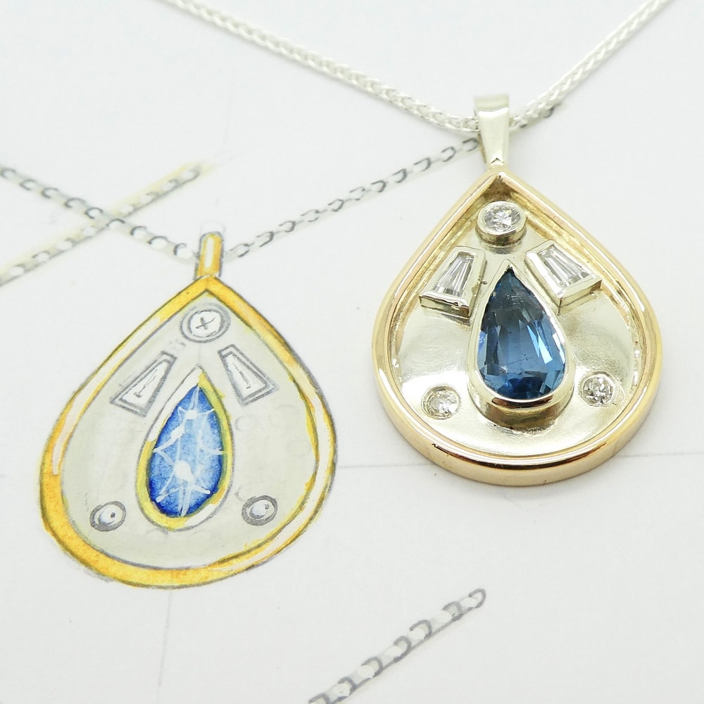 Sapphire and diamond pendant 2 colour gold