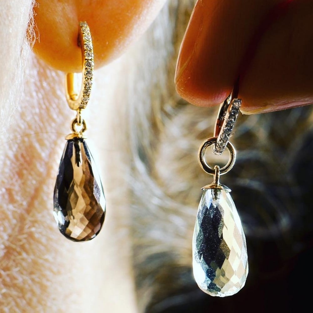 Diamond set hoops smoky quartz and green quartz briolette drops