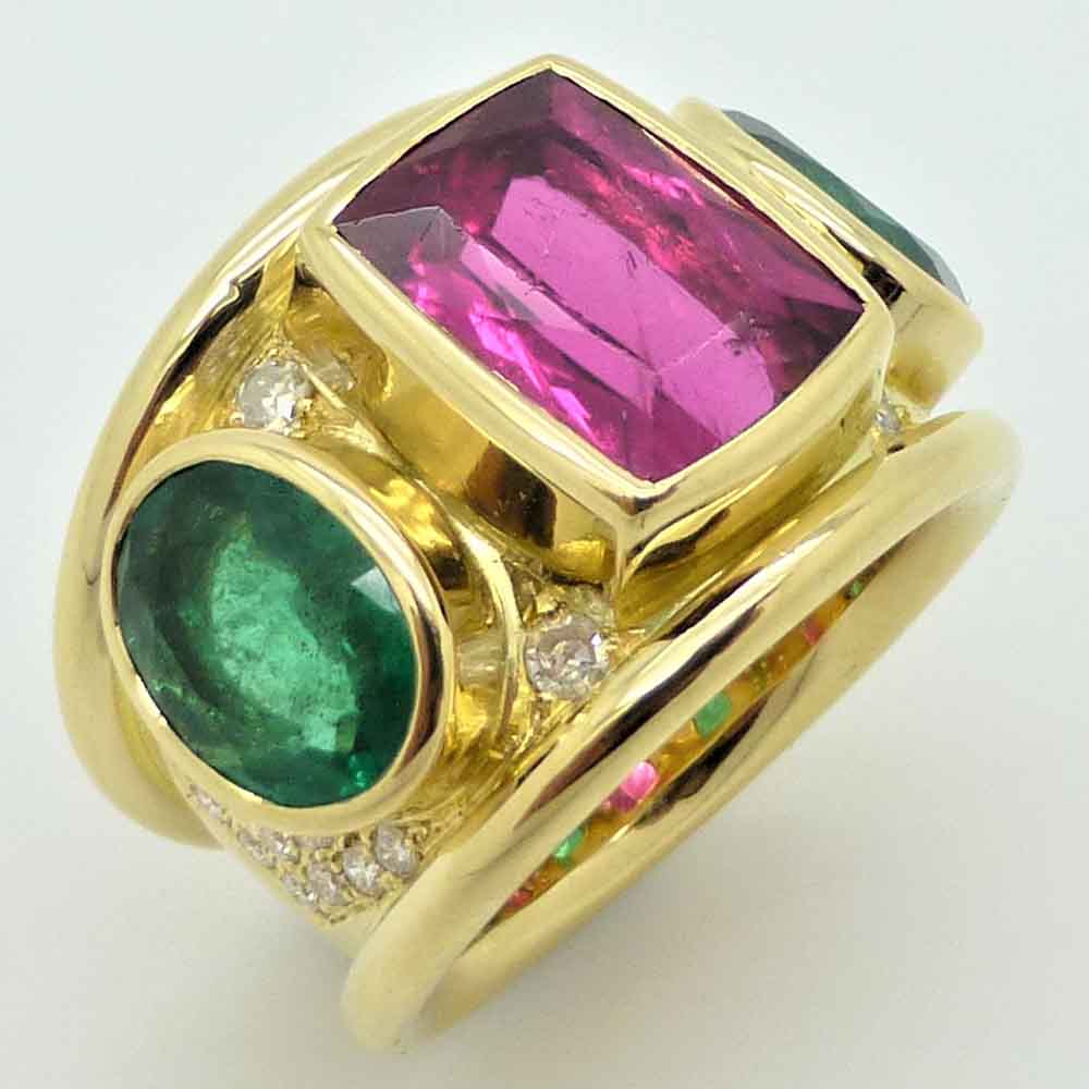 Pink and green tourmaline & diamond dress ring yellow gold
