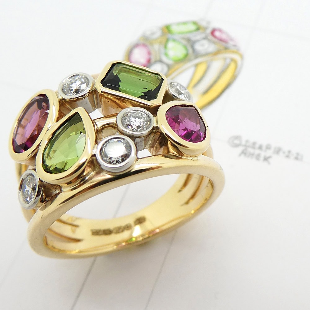 Green & pink tourmaline with diamonds dress ring in platinum & yellow gold