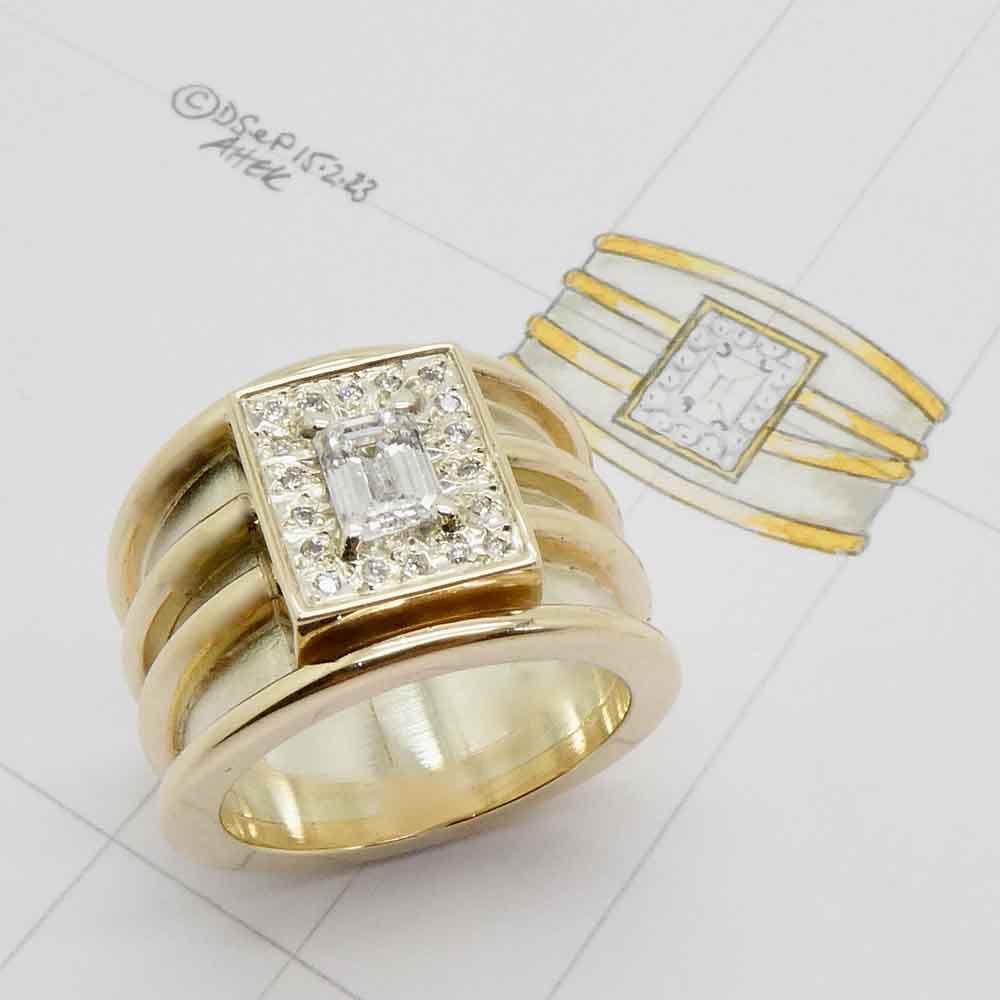 Emerald cut diamond dress ring in white & yellow gold