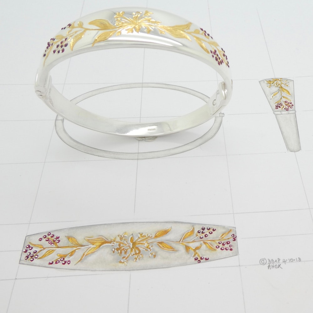 Bespoke wedding silver bangle engraved & gem set