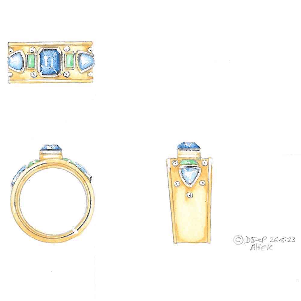 Design drawing sapphire alexanderite &diamond dress ring in yellow gold