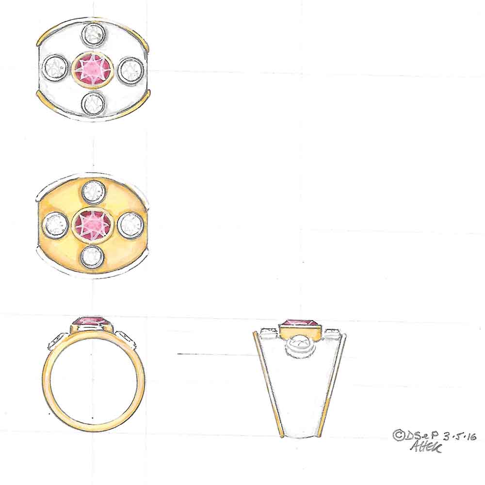 Design drawing ruby & diamond Romanesque bombe dress ring