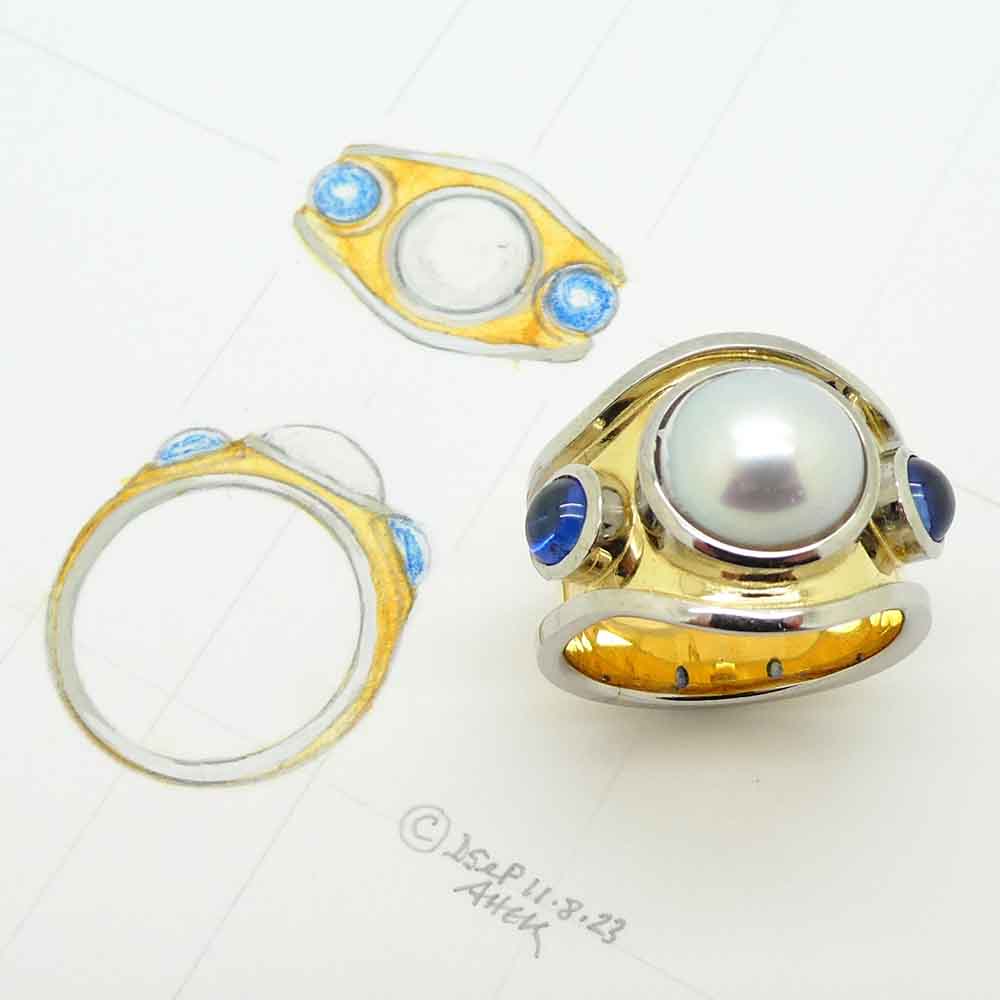 Pearl & sapphire platinum & yellow gold bombe dress ring