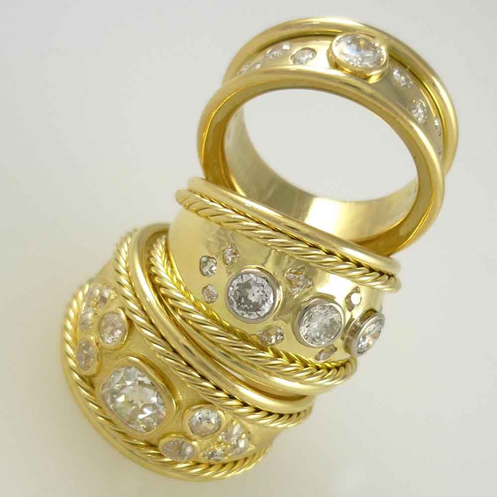Diamond set bombe rings yellow gold