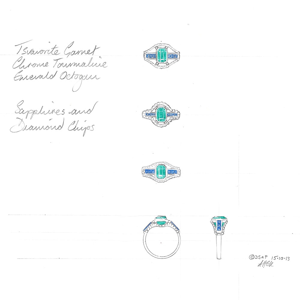 Emerald & sapphire ring design drawing