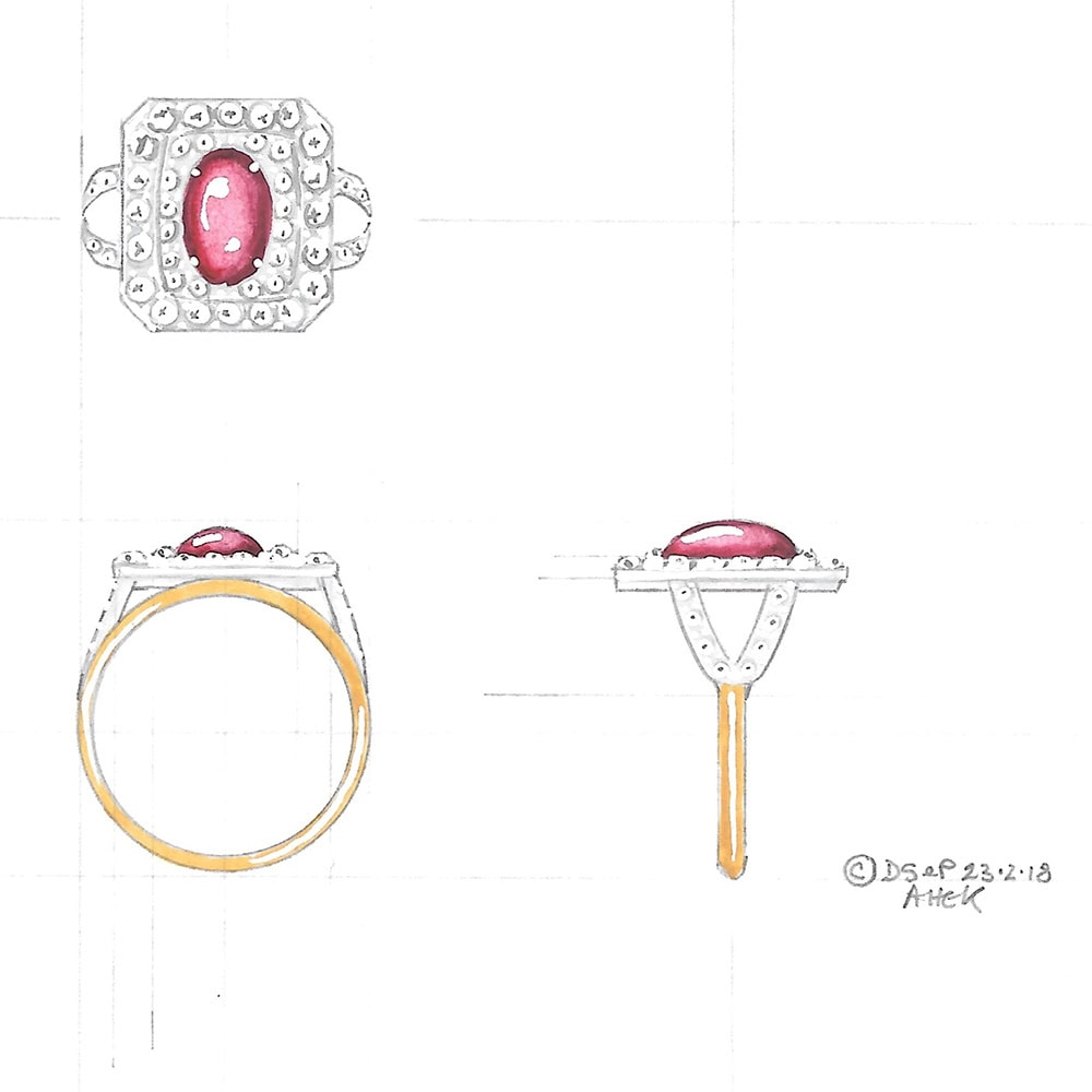 Cabochon ruby & diamond cocktail ring design drawing