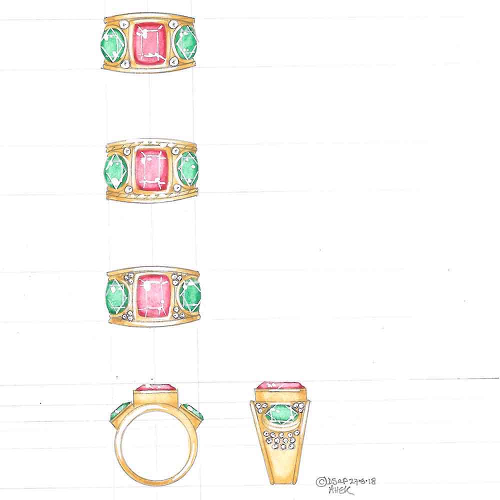 Design drawing for pink green tourmaline & diamond dress ring yellow gold