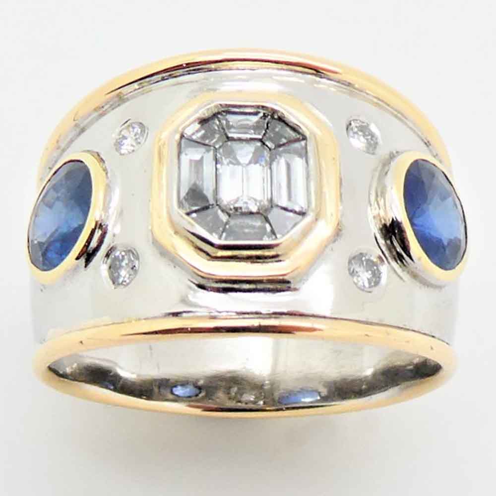 Diamond & sapphire bombe dress ring 2 colour gold