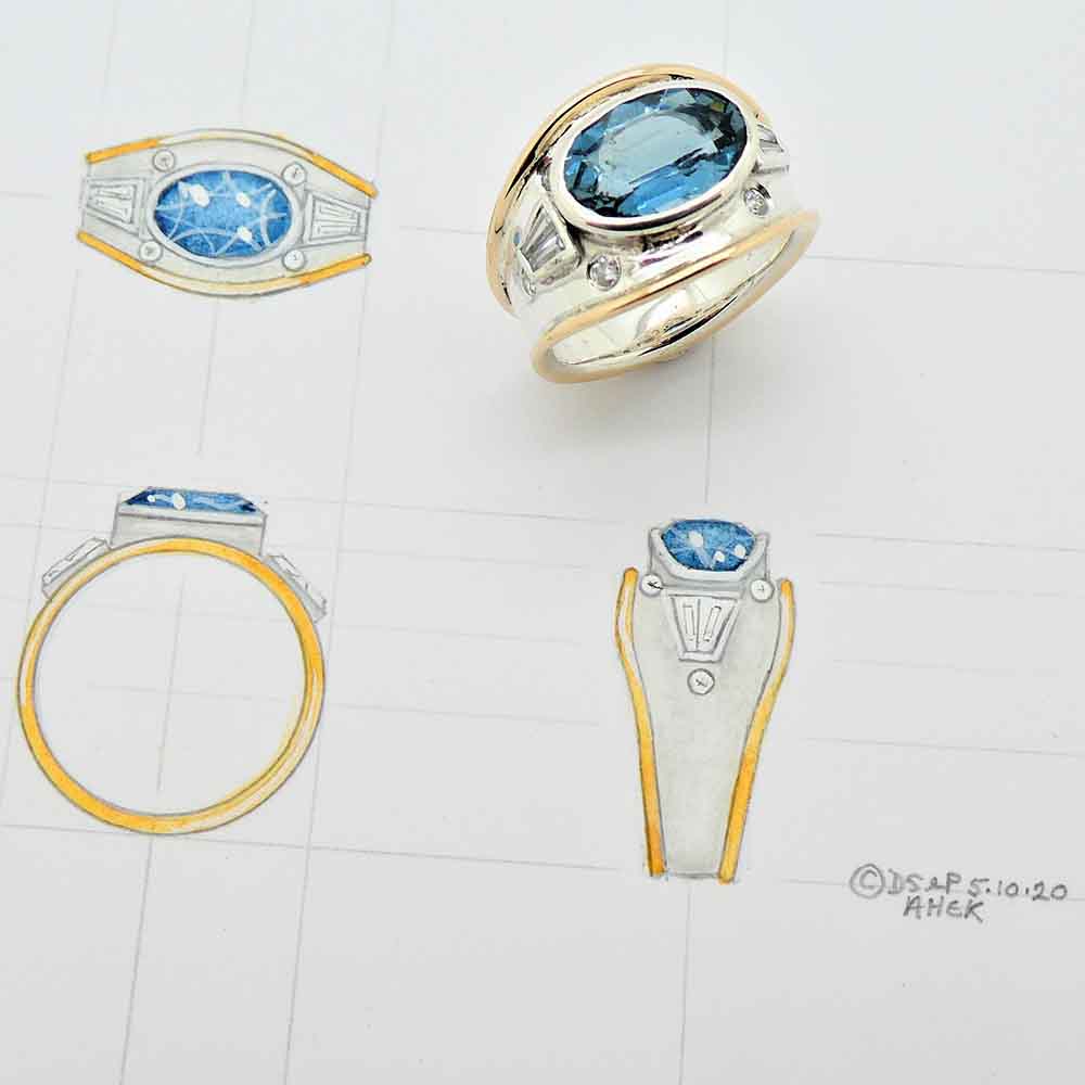 Sapphire bombe dress ring 2 colour gold with diamonds